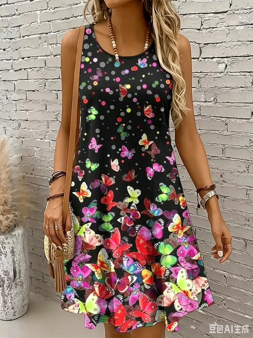 Damen-Minikleid, A-Linie, 3D-Kleid, Sommerkleid, Urlaub, Freizeit, Alltag, normale Passform, Grafik, einfarbig, ärmellos, O-Ausschnitt