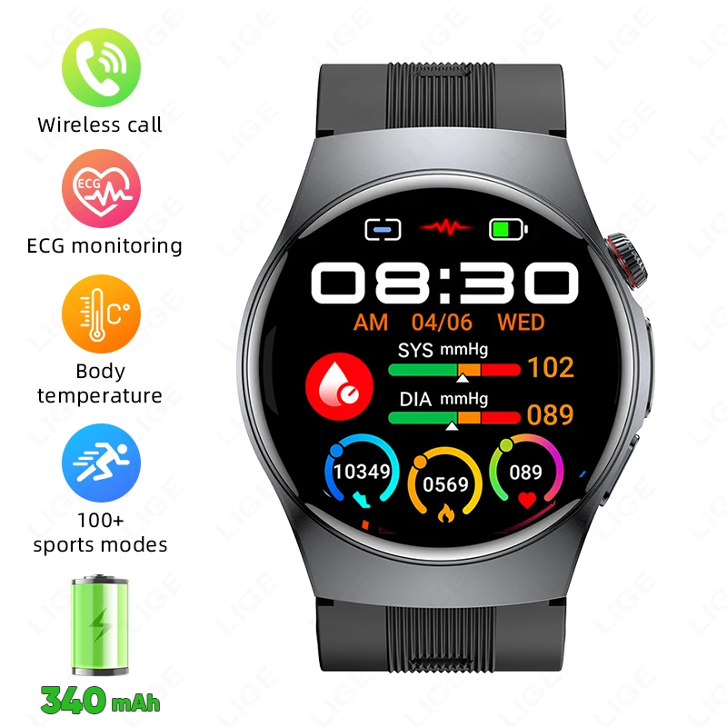 LIGE Blood Oxygen Pressure Health Smart Watch 2026 New Air Pump Airbag Accurate Detection ECG Body Temperature NFC Smartwatch