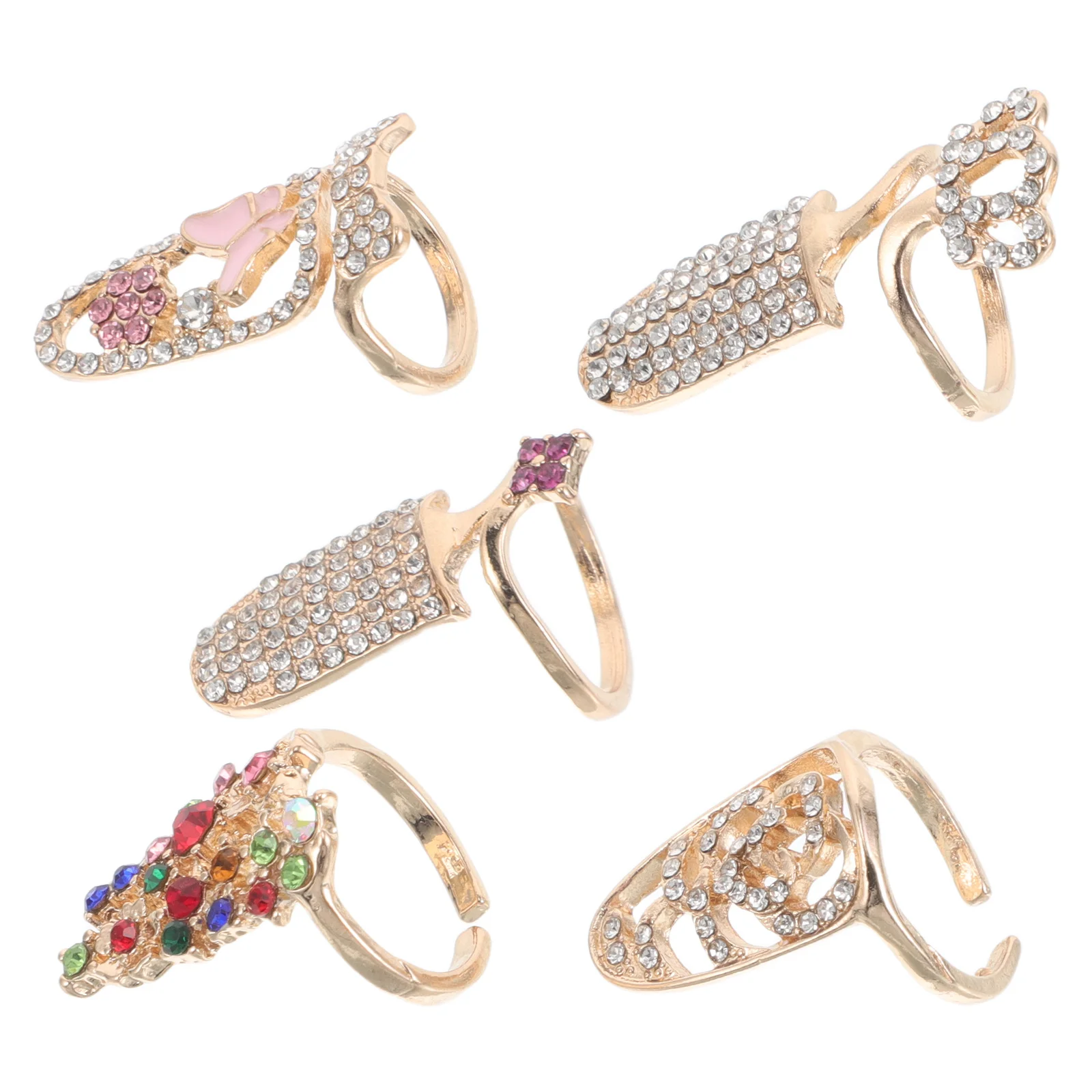 

5Pcs Rhinestone Finger Nail Rings Elegant Butterfly Hollow Open Adjustable Fingertip Nail Art Charm Decorations for Women
