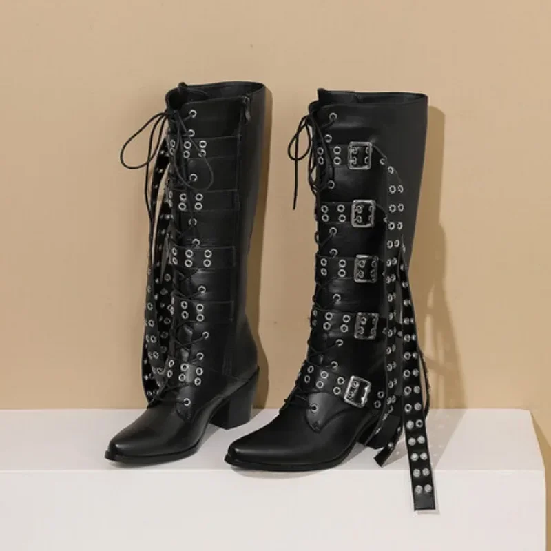 2024 Women\'s Fashion Belt Buckle Decoration Thick High Heels Front Strap Knee Boots European and American Side Zipper Boots