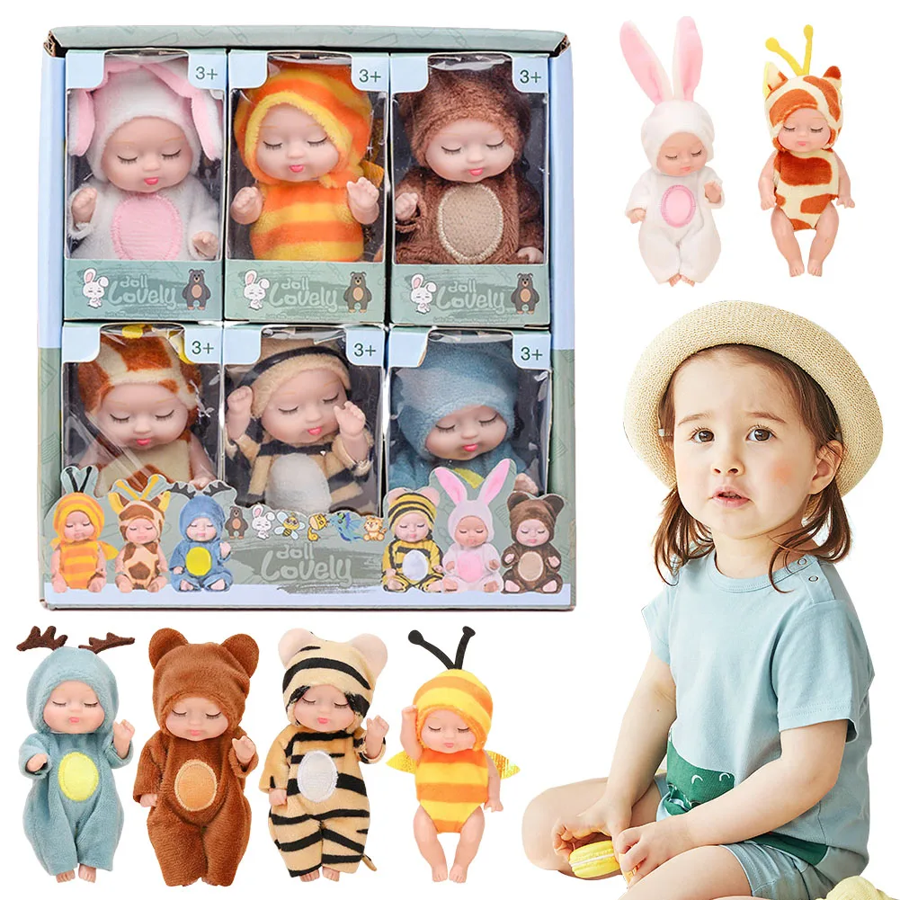 6 Pcs 4inch Mini Reborn Baby Doll w/ Animal Clothes Simulation Rebirth Dolls Toy Cute Sleeping Baby Doll Kids Girls Gift