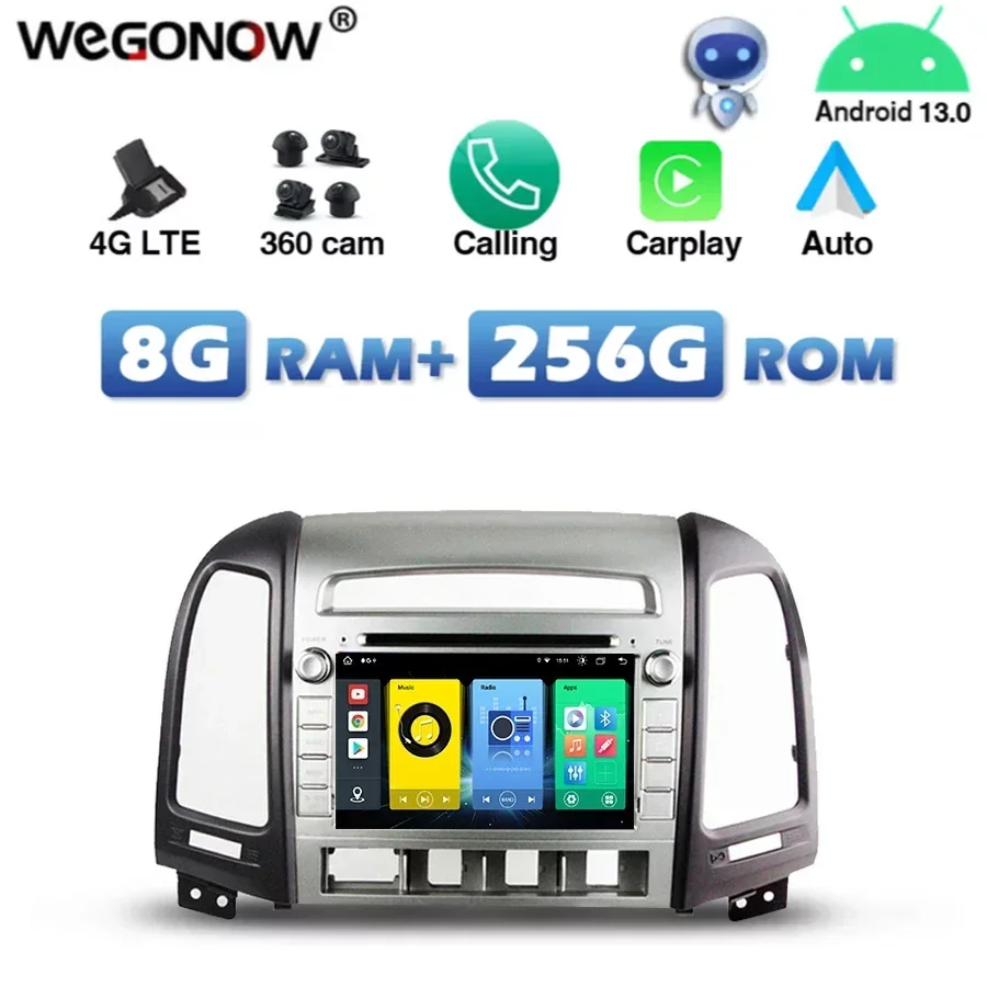 4G SIM Wireless Carplay Auto Android 13.0 256G+8G Car DVD Player DSP GPS RDS Radio WIFI Bluetooth For Hyundai Santa Fe 2005-2012