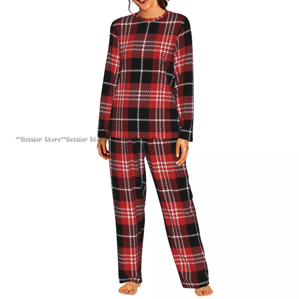 Conjunto de Pijama para Mujer con Cuello Redondo, Estampado Tartan Escocés, Camisa de Manga Larga + Pantalones Largos