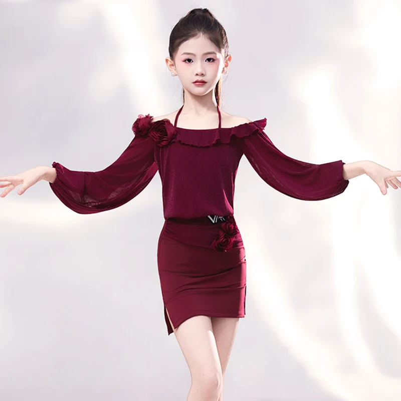 Costume de danse latine rouge vin pour filles, ensemble haut à manches longues et jupe, vêtements d'entraînement pour enfants, AMY2831