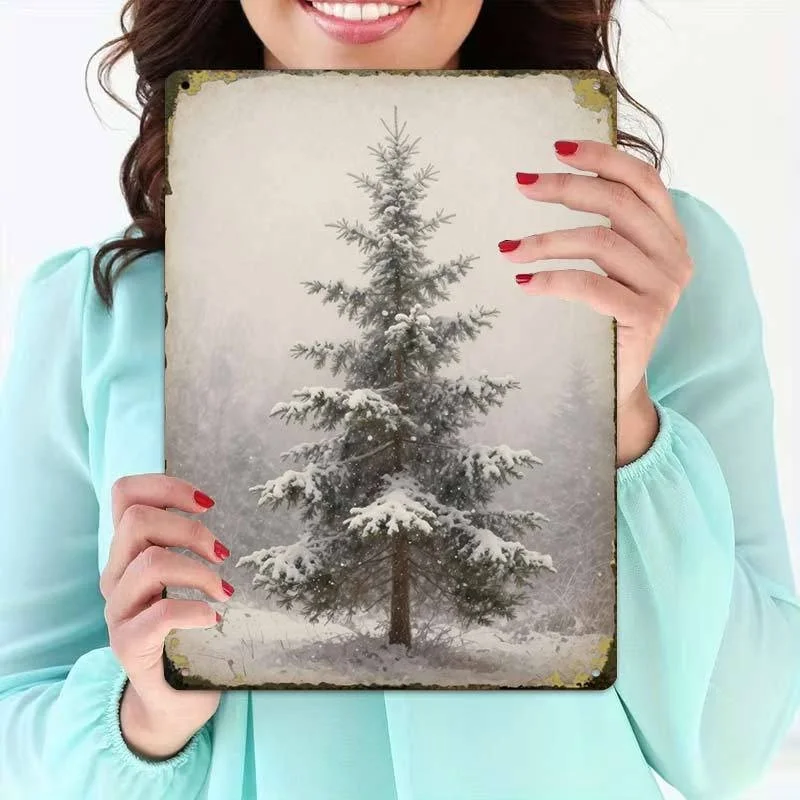 2D Flat One Piece 8x12 Inch Metal Sign featuring Vintage Snowy Pine Tree Landscape for Christmas Holiday Winter Wall Decor