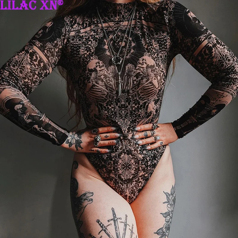 Gothic Print Naked See Through Bodycon Bodysuits Y2K Lace Mesh Long Sleeve Slim Jumpsuits Women Summer T-Shirts Tops Streetwear