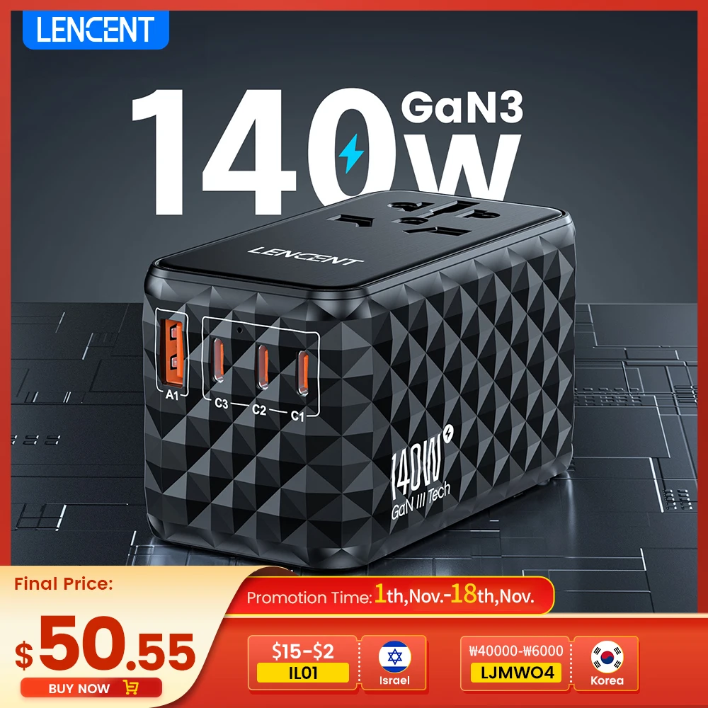 LENCENT 140W GaN3 Universal Travel Adapter with 1USB-A Ports 3 Type C Fast Charging Power Adapter EU/UK/USA/AUS Plug for Travel