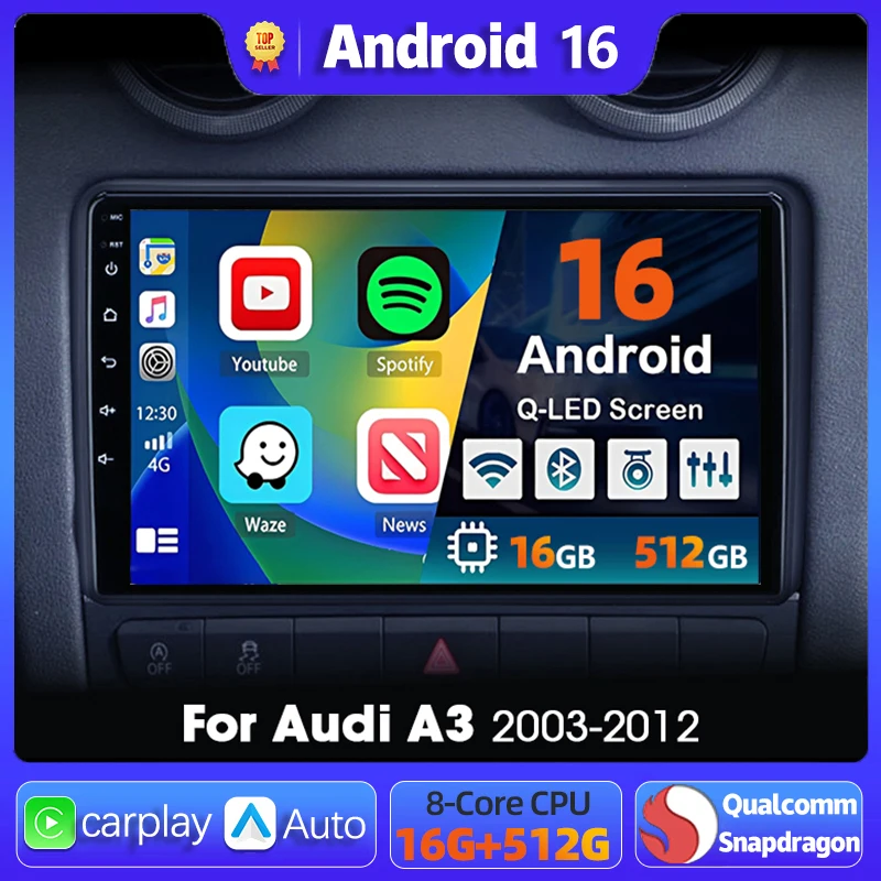 Radio samochodowe z Androidem 16, CarPlay, Auto GPS, nawigacją i odtwarzaczem multimedialnym do Audi A3 8P…