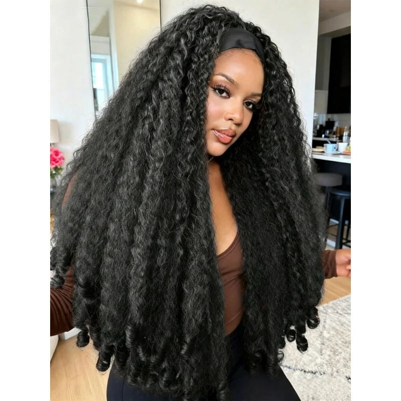 

Synthetic Headband Wig Kinky Straight Hair with Spiral Bouncy Curls for Black Women Afro Natural Yaki Glueless Wigs Soft Hair