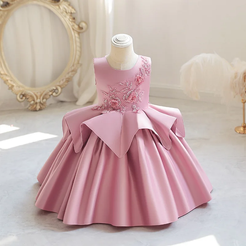 New Satin Fabric Children's Evening Dress Design European and American Style Girls' Dress Princess Dress Flower Girlgirl dressWe