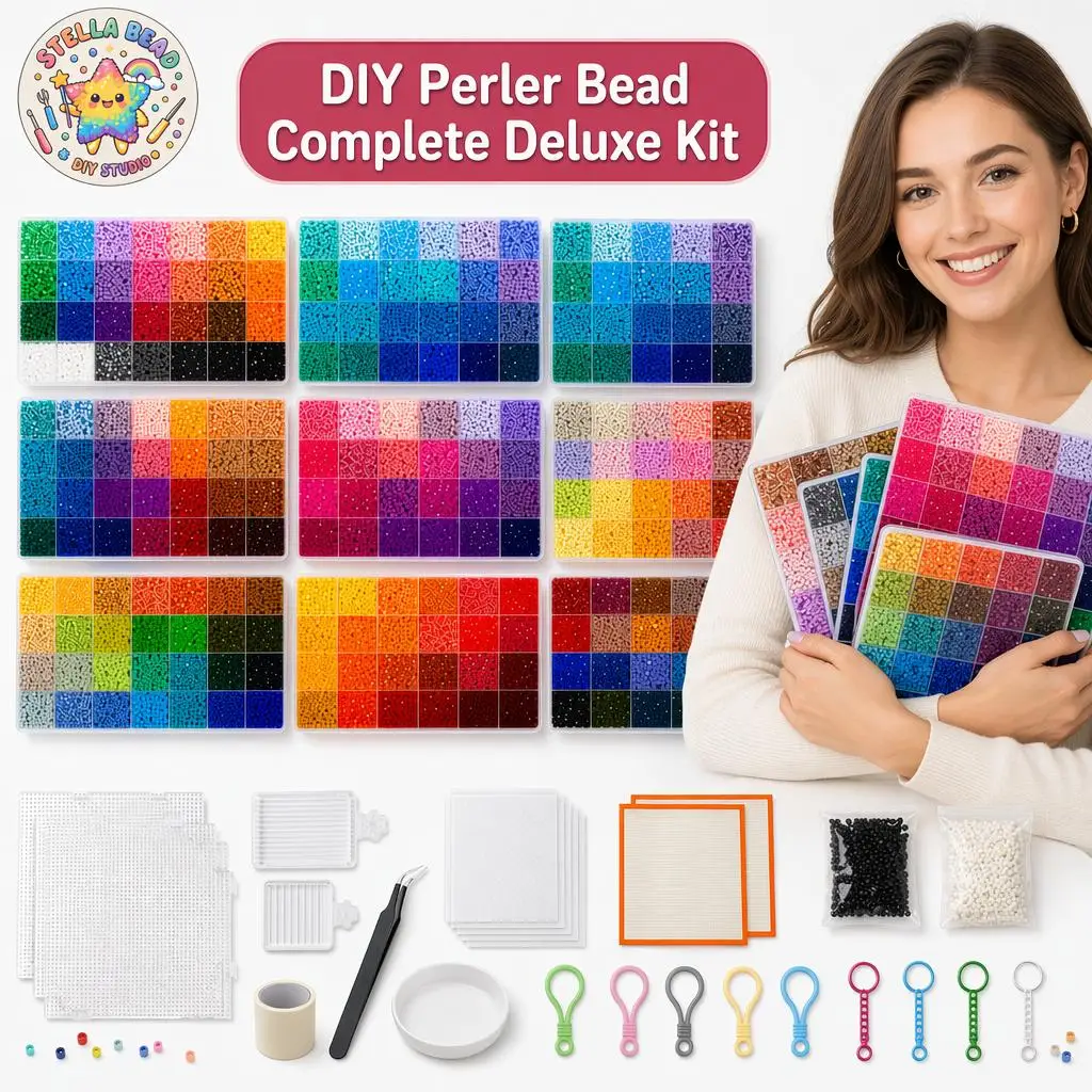 StellaBead Deluxe Beads Kit — 2.6mm Perler Beads set, Pegboards, Tweezers, Ironing Cloth & Color-Sorting Tray