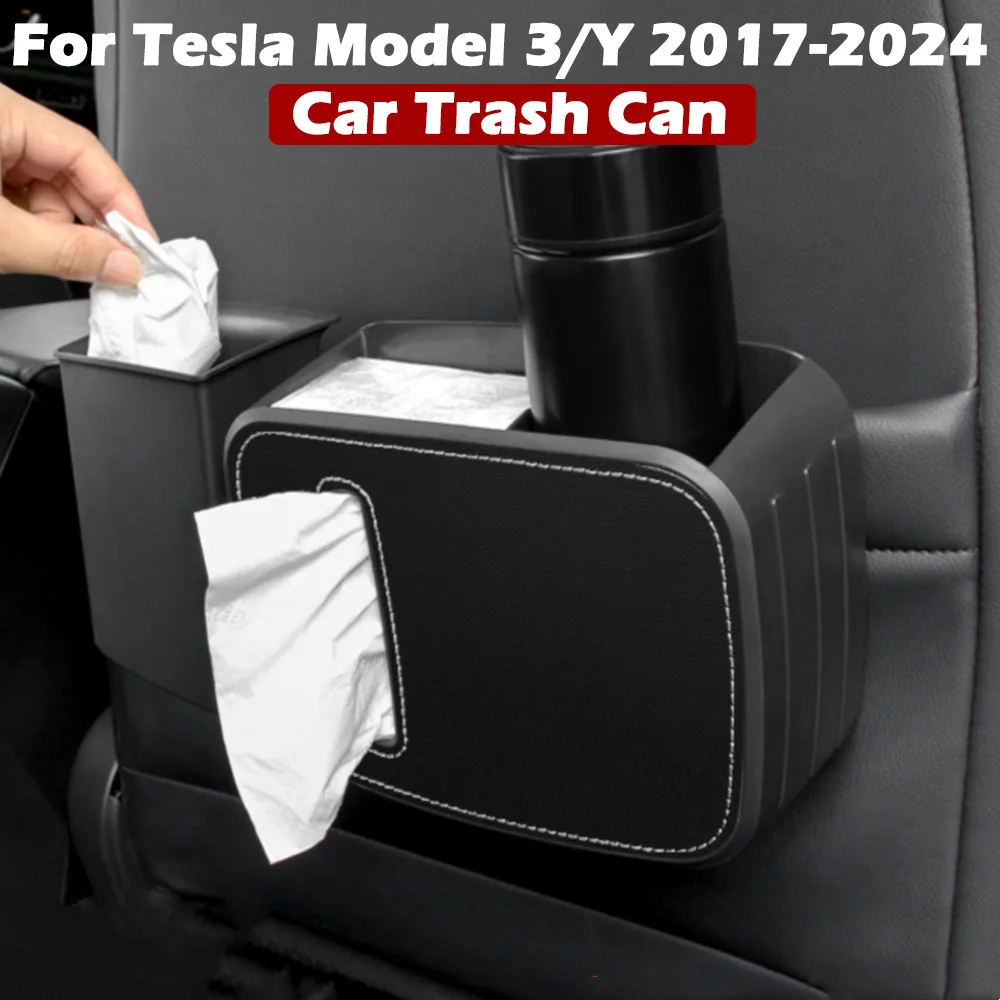 

For Tesla Model 3/Y 2017-2024 Car Trash Can,Hanging Backrest Storage,Rear Tissue Box, 2-in-1 Storage Box Interior Accessories