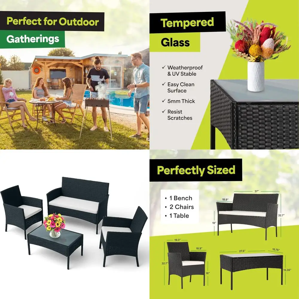 4-Piece Outdoor Patio Furniture Set: 2 Chairs, Loveseat, Glass-Top Coffee Table - Weather-Resistant Wicker with Cushions - Ideal