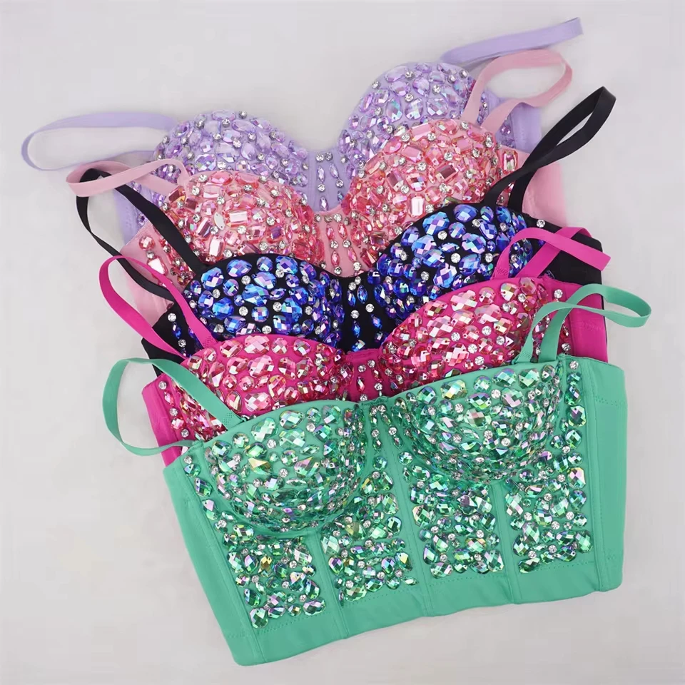 Europe And The United States Spicy Girl Body Shaping Bustier Colorful Acrylic Halter Nightclub Top Fishbone Steel Ring Design