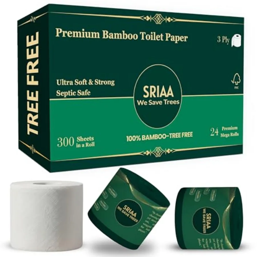 

100% Bamboo Tree-Free Toilet Paper 24 Premium Family Mega Rolls, 3-Ply, 300 Sheets Per Roll Ultra Soft and Strong, Plastic-Free