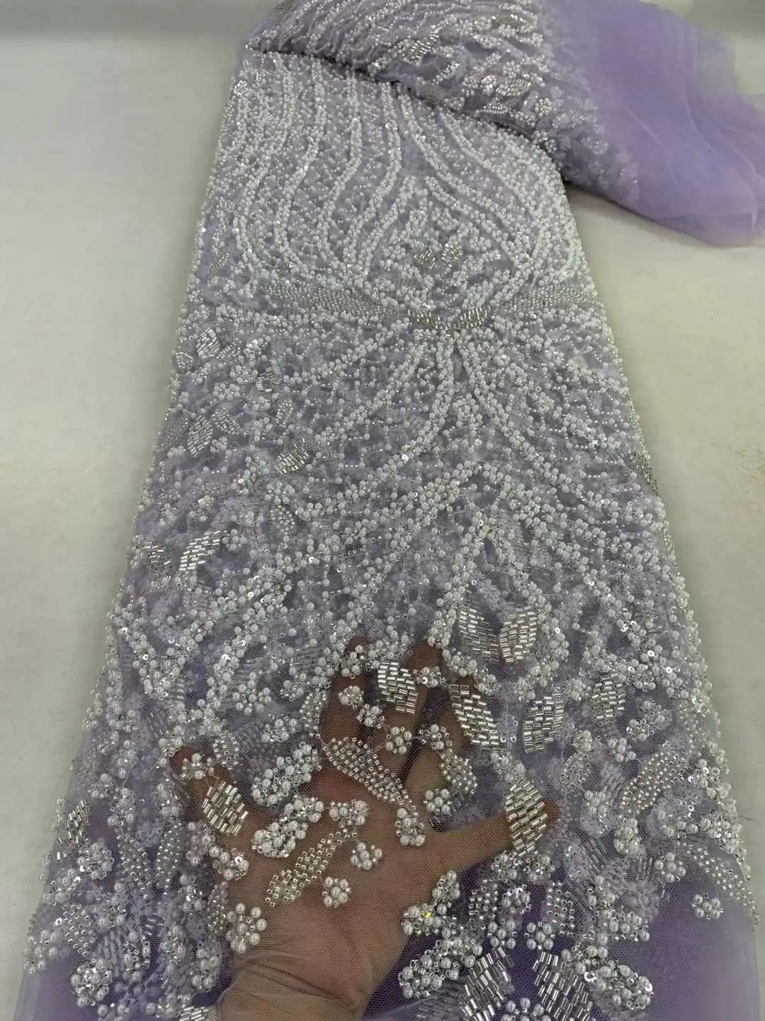 Latest Purple African Lace Fabric 2024 Luxury French Sequins Mesh Lace Fabric High-end Handmade Beaded For Wedding Dress ZX