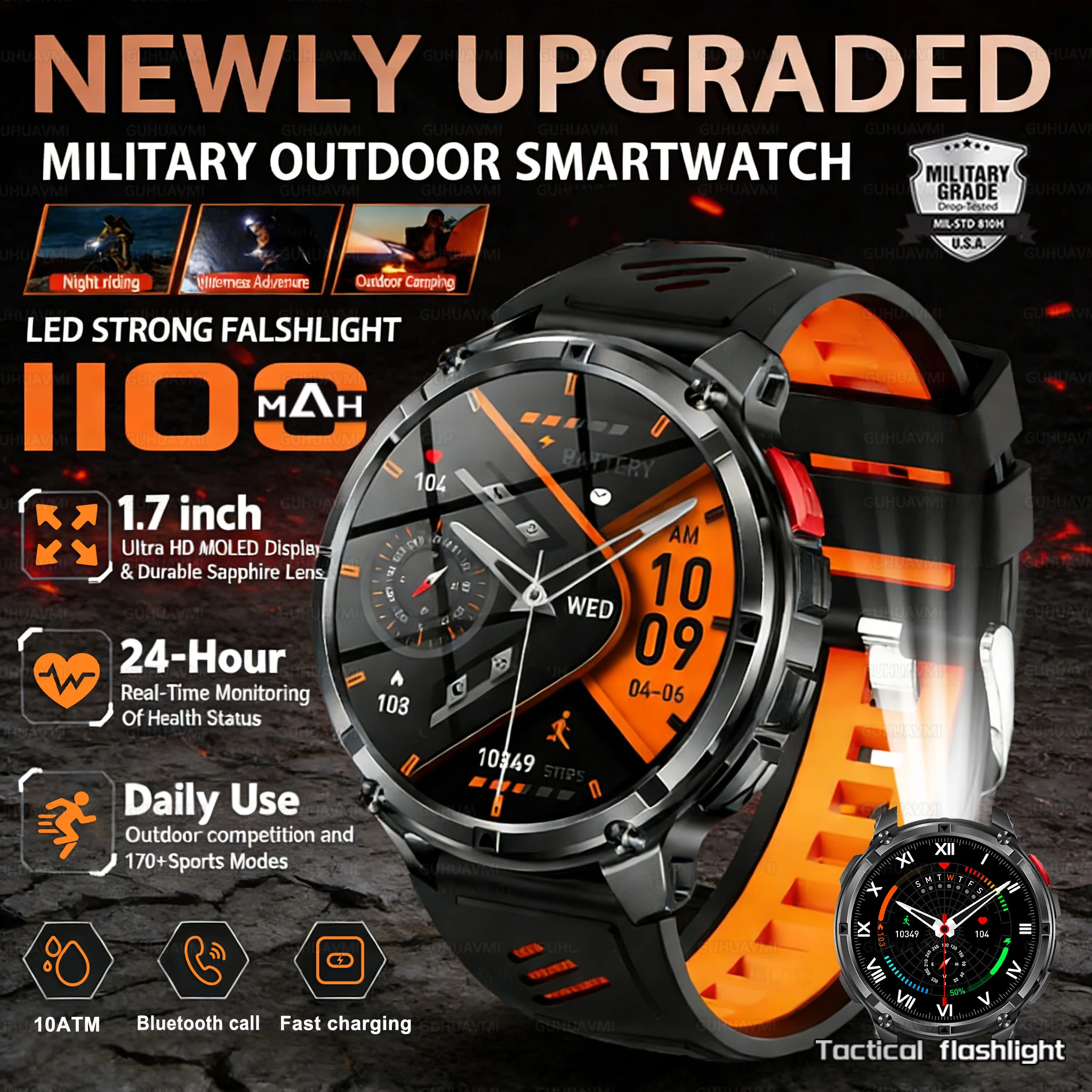 

2026Newl T-REX3 1100mAh Ultra Durable Battery Smart Watch 10ATM Waterproof GPS Bluetooth call Sports Flashlight Smart Watch Men