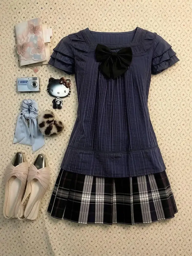 Vintage Japan Y2k Women's Casual Dresses Cute Bow Fold Tshirt Skirt 2-Piece Set Preppy Dresses 2000s Woman Clothes Dress Varsity