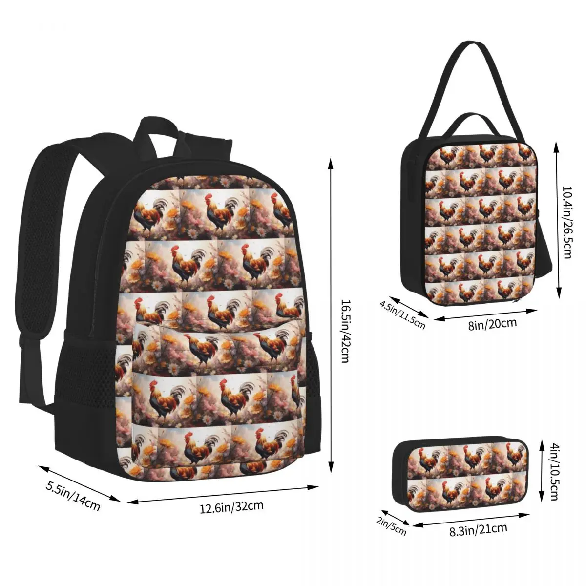 Rooster Hen Picture Backpacks Kids Bookbag School Bags Rucksack Lunch Bag Pen Bag Three-Piece Set