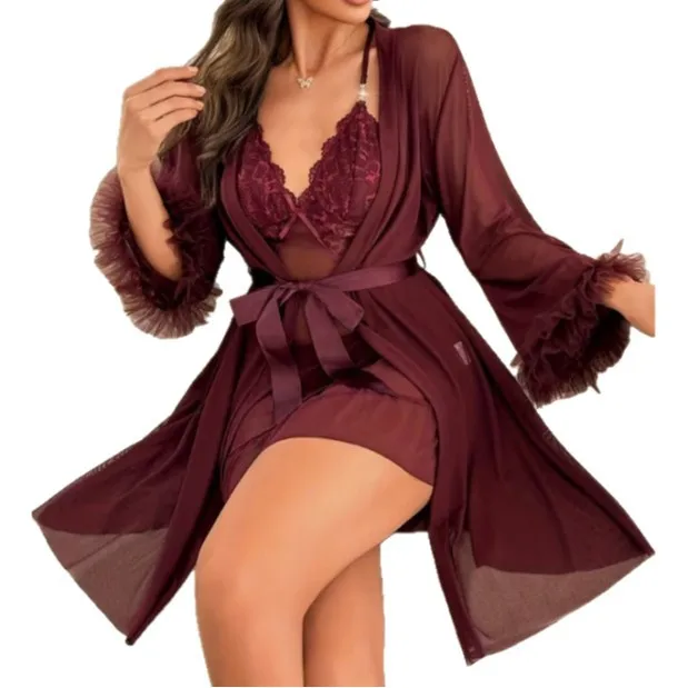 Summer Women's New Sexy Lingerie Nightgown Sexy Lace See-through Temptation Nightdress Lace Strap Set thin Pure Desire I9D4