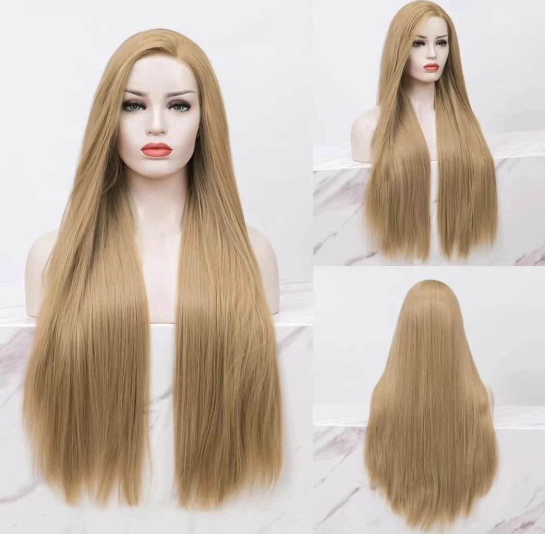 

Lace Front Wig Half Hand Tied Honey Blond Long Straight Glueless Heat Resistant Hair Middle Part Lace Front Synthetic Woman Wig