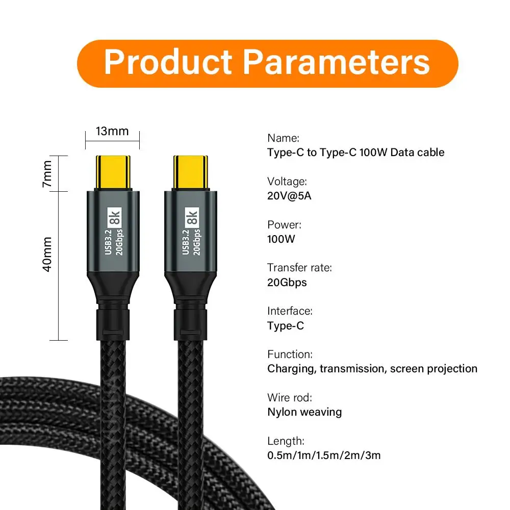 Type C to Type C PD100W Fast Charging Cable USB 3.2 20Gbps ThunderBolt 3 8K 3m Extend Data Cord For iPhone 15 Pro Max MacBook