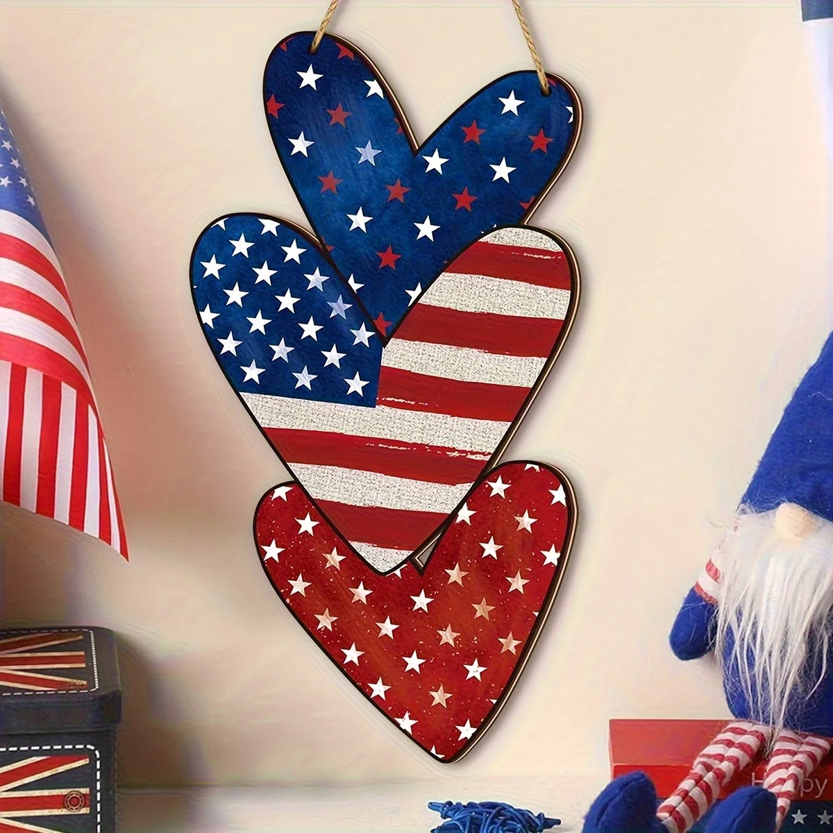 Patriotic Heart Wooden Hanging Sign, USA Flag Triple Heart Wood Plaque, 4th of July Independence Day Front Door Wall Decor