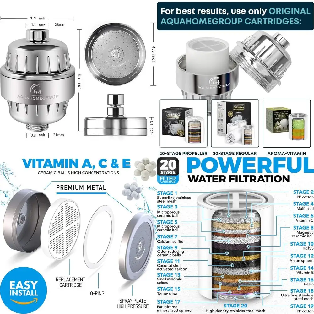 

High-Output 3-Stage Shower Filter Set for Luxury Shower Heads - Removes Hard Water, Chlorine, and Harmful Substances