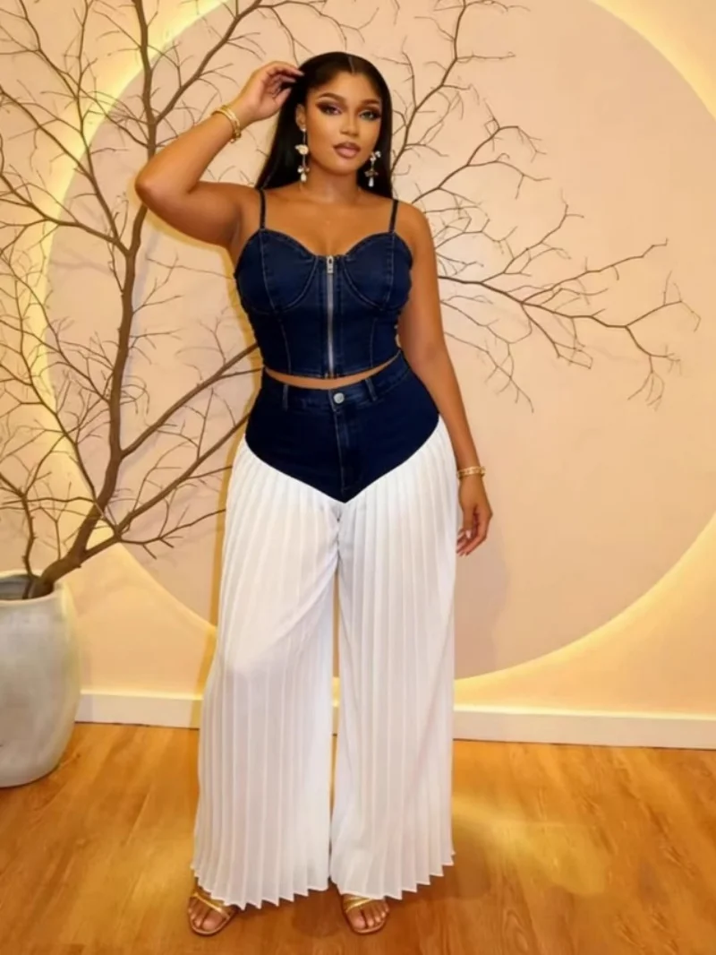 

Fashion Denim Spliced 2 Piece Sets Women Outfit Summer Clothing Women 2026 Camisole Vest Top Wide Leg Pant Suit Sexy Woman Sets