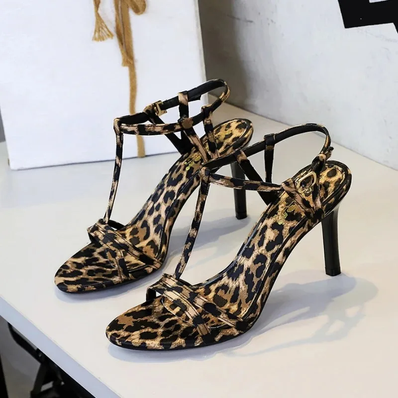 

Summer Women High Heels Sexy Leopard Print High-heel Sandals High Quality Leather Sandals for Women Open Toe Stiletto Sandalias