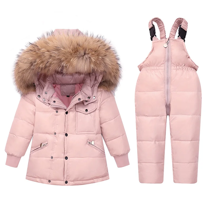 OLEKID 2025 Winter Children Clothing Set Real Fur Down Jacket For Girl Boy Parka Overalls Snowsuit 1-5 Years Kids Outerwear Coat