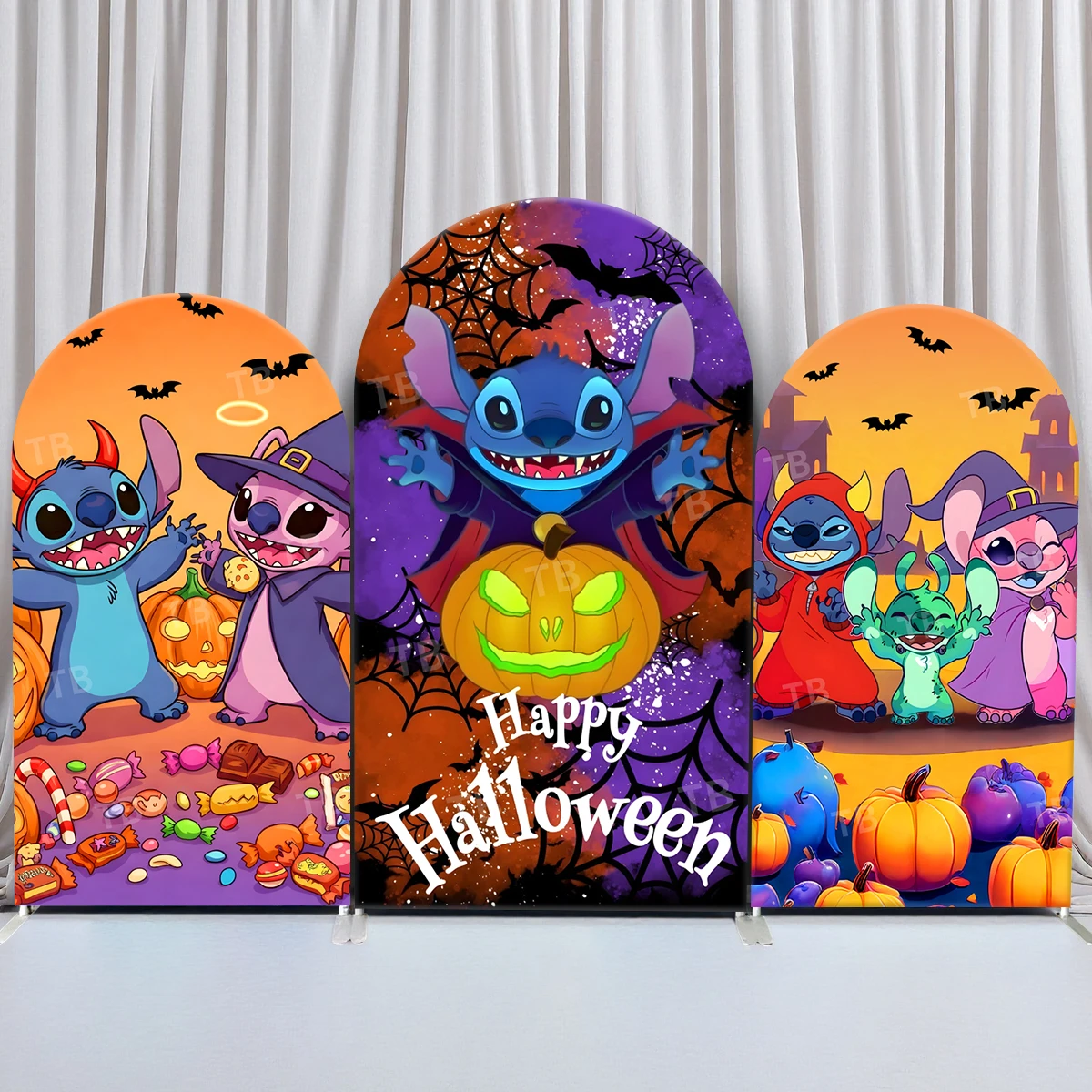 

TB Candy Stitch Pumpkin Halloween Arch Backdrop Cover Bat Party Decortion Night Photography Background Props Elastic Fabric