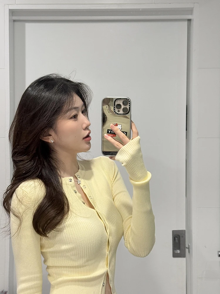 엘리 스위트 니트 오픈 가디건 여성용 슬림핏 롱 스웨터 순색 2025 신상 다용도 슬림핏 연령 감소 탑