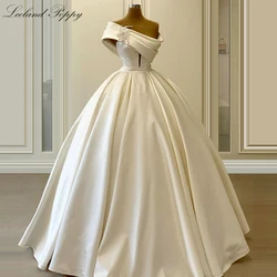 Lceland Poppy Customized One Shoulder Ball Gown Satin Wedding Dresses Floor Length Pleated Bridal Gowns with Court Train