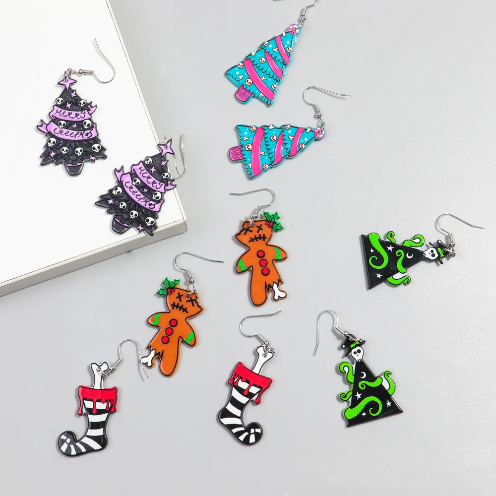 Christmas Earrings Devil Christmas Tree Gingerbread Man Socks Acrylic Printed Earrings for Women Jewelry New Year Gift