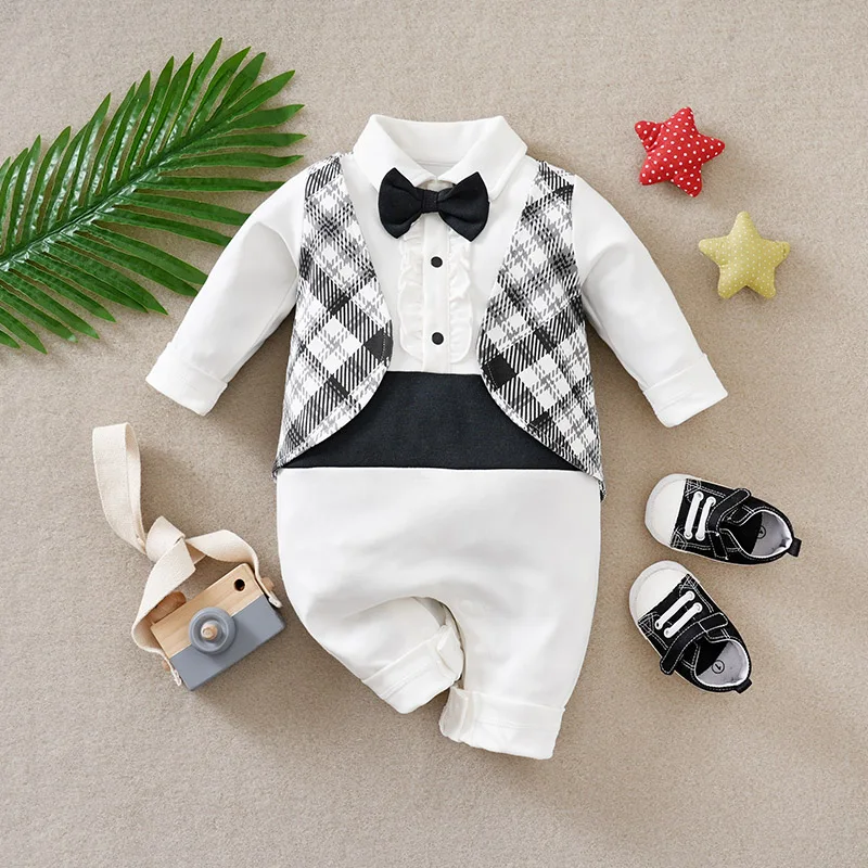 Male Baby Long Sleeved Jumpsuit With Gentlemanly Style Baby Spring And Autumn Pure Cotton Comfortable Crawling Clothes