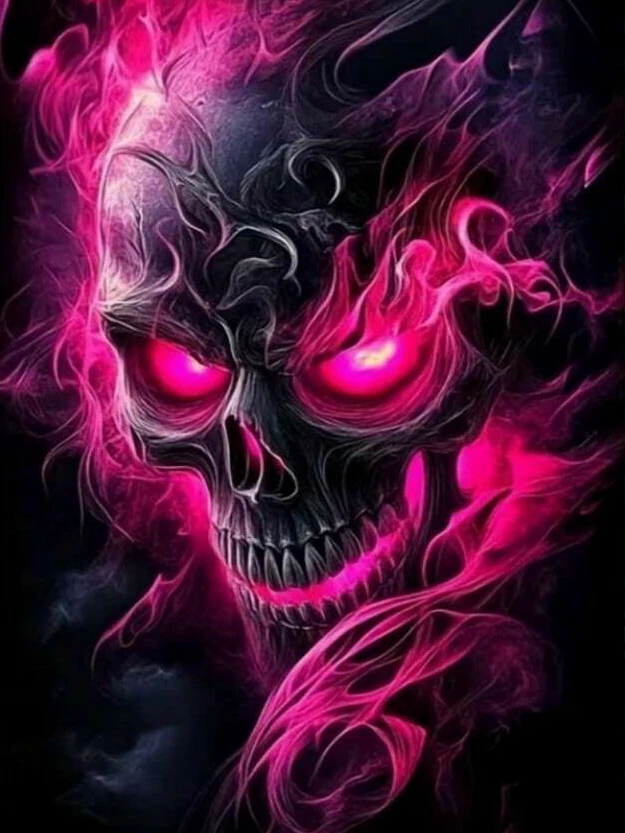 Neon Pink Flame Glowing Eyes Skull Dark Art Canvas Full Drill Diamond Painting Kit Cross Stitch, Handmade Art Home Wall Decor