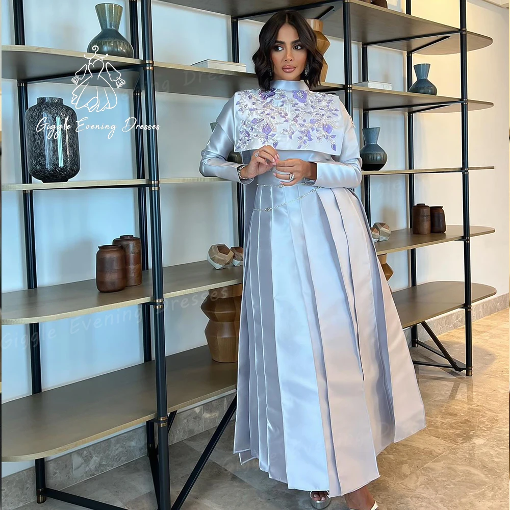 Giggle O-Neck Satin Luxury Beads Party gown Pleated Ankle length Exquisite Long Sleeve saudi evening dresses women elegant 2024