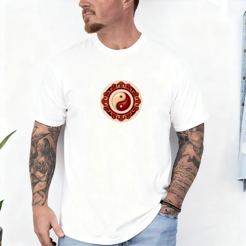 الصين Taichi نمط ثمانية مخطط طاقم الرقبة القطن تي شيرت عمال قصيرة الأكمام الملابس الرياضية جميع الفصول الأزياء تنفس