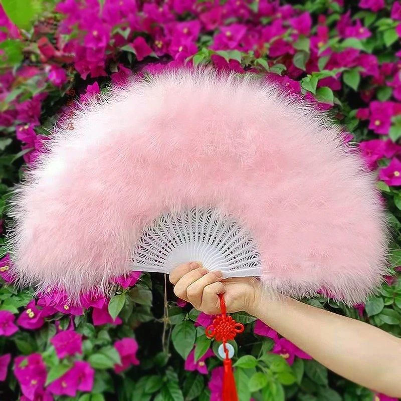 Classical Feather Fan Cheongsam Catwalk White Feather Retro Girl Lolita Fan Peacock Folding Fan Decoration Crafts Birthday Gift