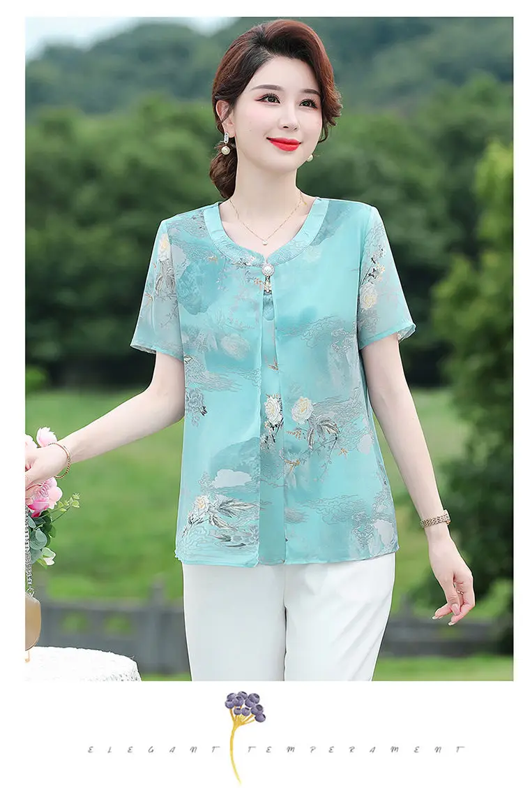 Camisa de gasa de manga corta de verano para mamá, camiseta de moda, Top ajustado de moda