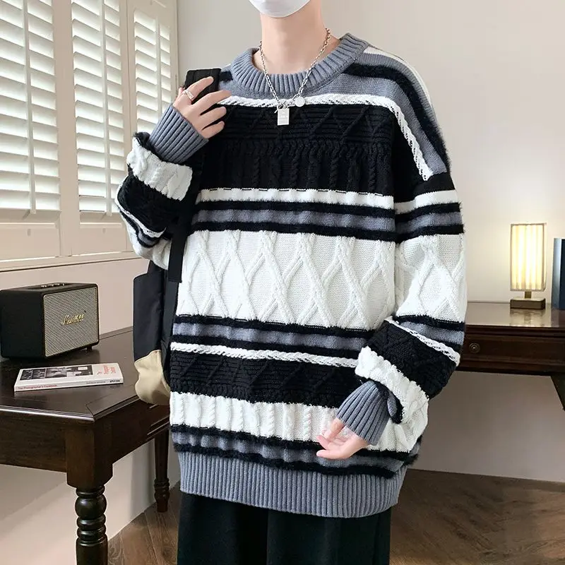 

Vintage Striped Knitted Pullovers Men's Clothing Japan Style O-Neck Autumn Winter New Stylish Contrasting Colors Casual Sweaters