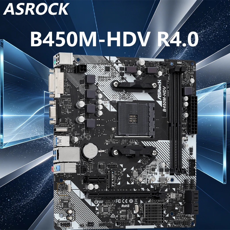 Placa-mãe B450 AM4 ASROCK B450M-HDV R4.0 para CPU Ryzen 7 5700X3D 5700X 5700G 5800X 5 5600X 5500 com memória DDR4 Micro ATX