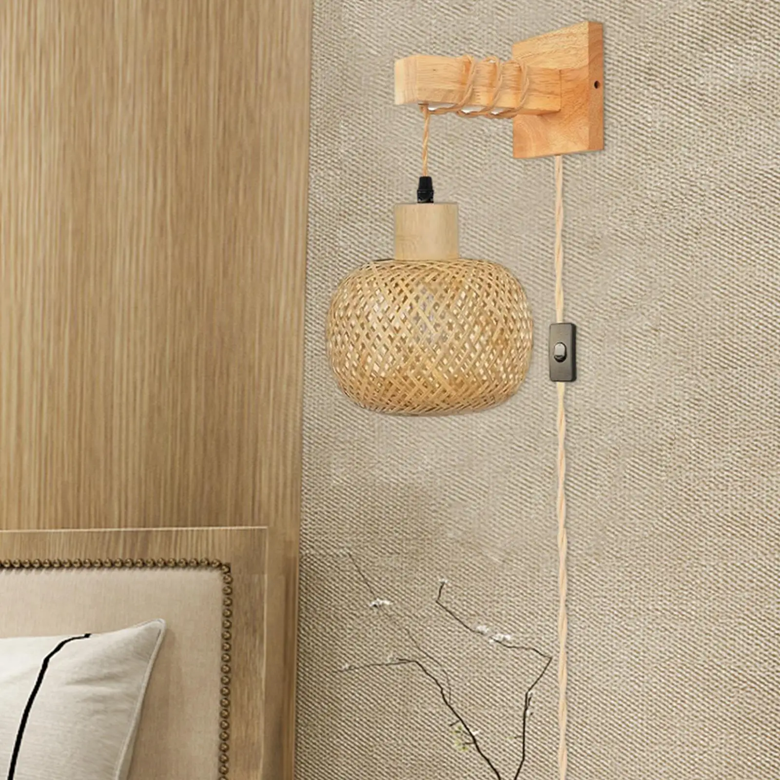 Applique da parete intrecciata a mano Boho Bamboo lampada da comodino Plug in lampada a sospensione per la casa camera da letto soggiorno fattoria