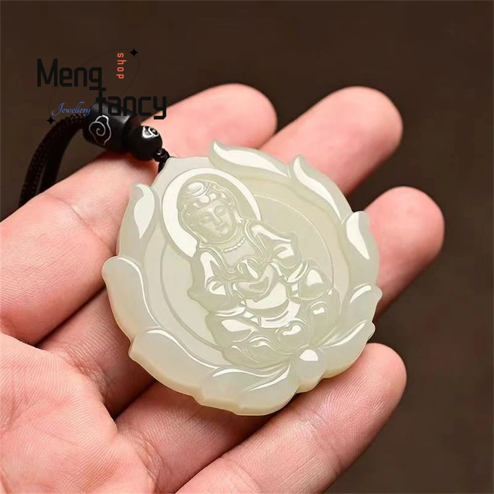 Natural Hetian White Jade Goddess of Mercy Pendant Exquisite Elegant Simple High-grade Luxury Fashion Jewelry Buddhist Amulets