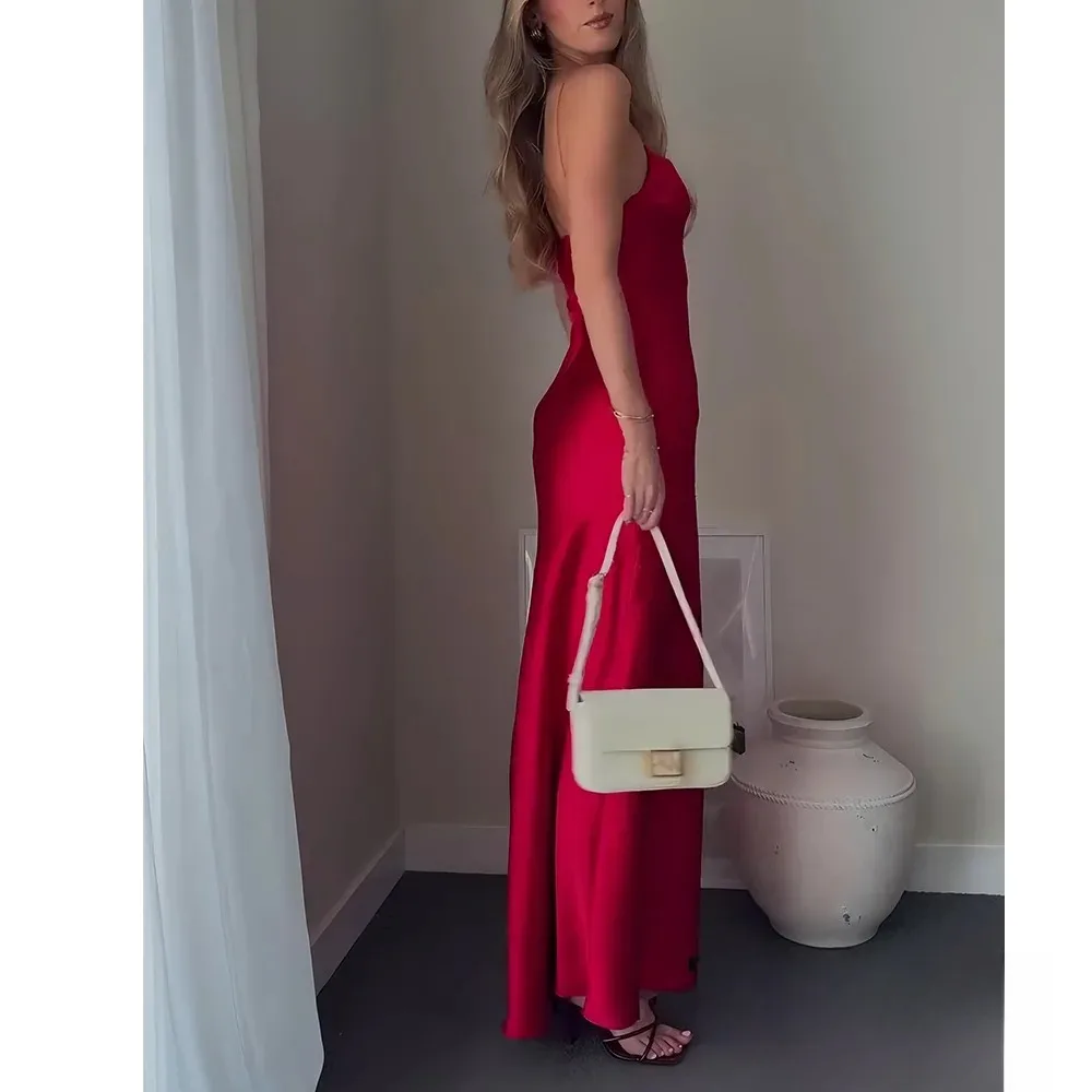 KONDALA Sexy Chic Red Satin Women Dress V Neck Cami Long Party Dress Women Fashion 2025 Summer Holiday Beach Y2K Girl Dress