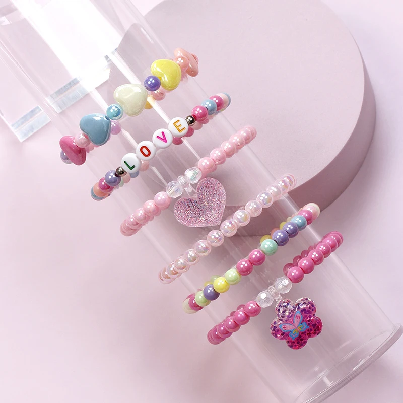 6Pcs/Set Colorful Acrylic Beaded Bracelet Party Bracelets Heart Candy Color Beads Children Beads Bracelets Set For Girls Gift