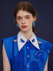 Spring Summer Original Design Women Exquisite Birds Embroidered Collar Birds Graffiti Blue Print Cotton Linen Shirt Dress