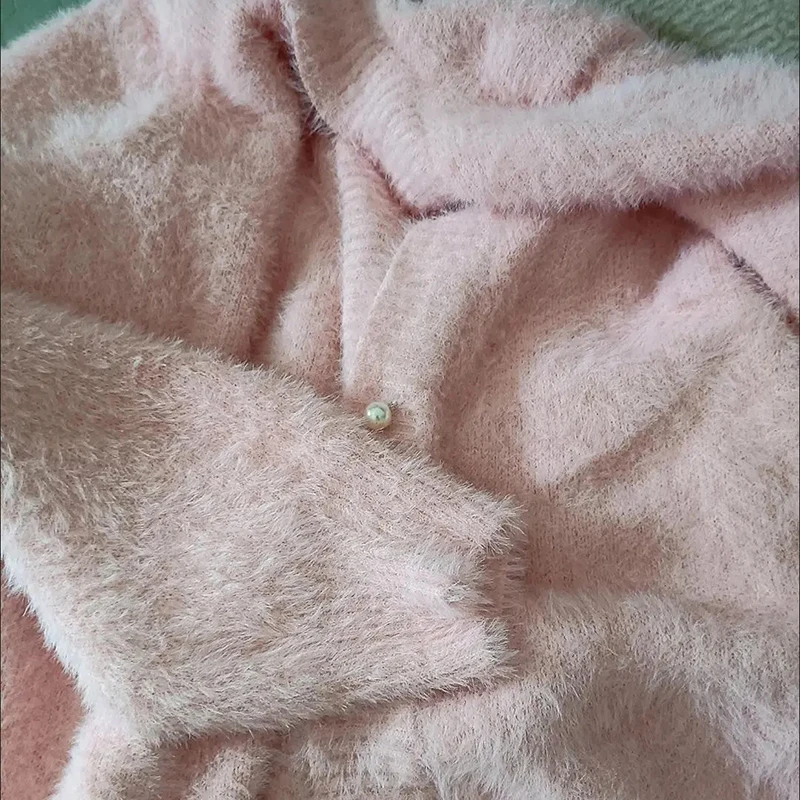Outono Inverno Single-breasted Imitação Mink Veludo Malhas Cardigan Elegante Pérola Botões Mulheres Vestuário Camisola Coreana Casacos