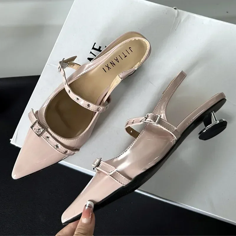 

Rivet Metal Belt Buckle Design Low Heel Sandals Women Sexy Pointed Toe Patent Leather Slingbacks Round Heel Women Pumps Mules